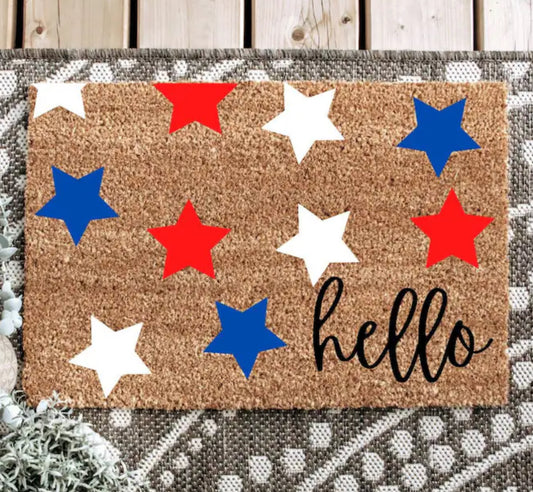 Hello - Red, White & Blue Stars Coir Doormat